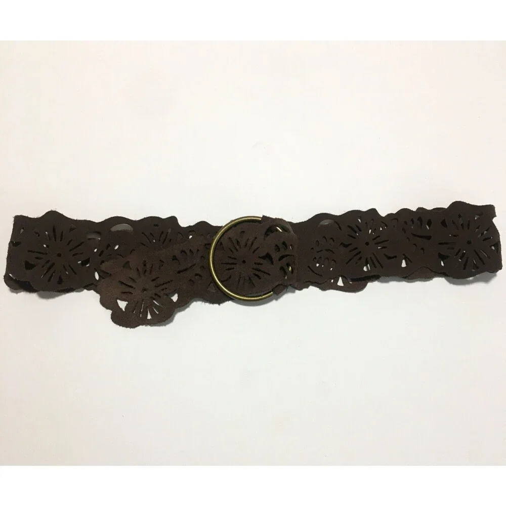 Prana Cut out Leather Belt Womens S/M Brown Suede Brass Ring Buckle